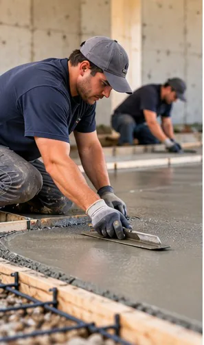 Two workers hand-trowelling the surface of a reinforced concrete slab with rebar visible at the edge