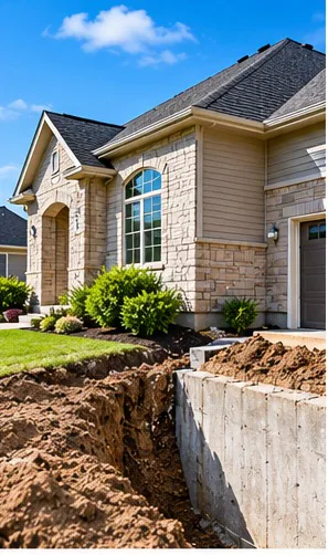 Open excavation alongside a stone-clad house exposing the foundation wall below grade
